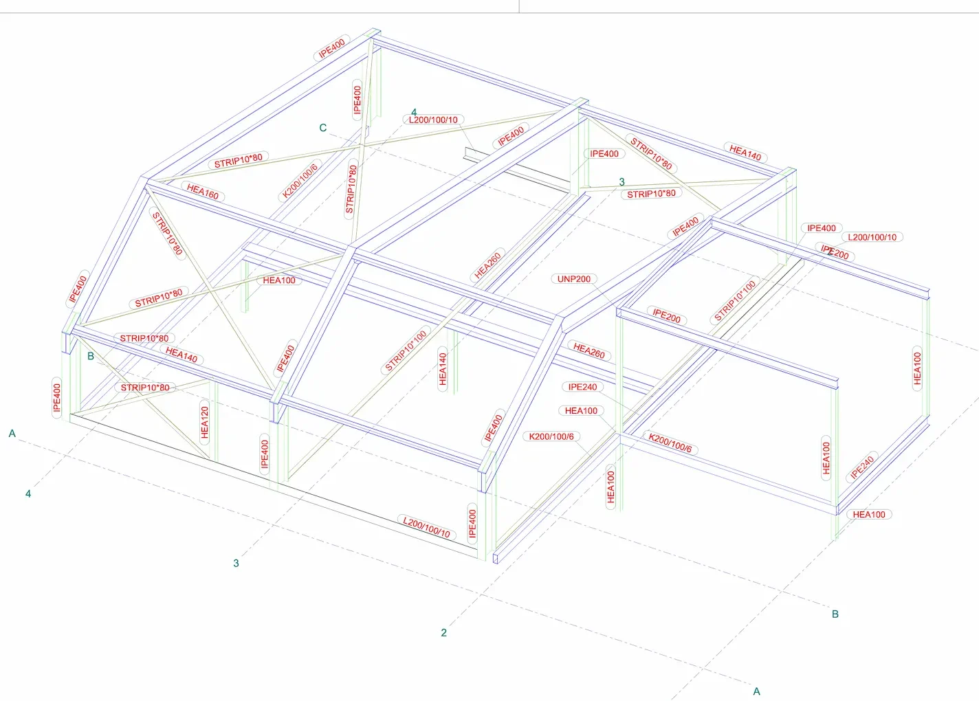 Technische tekening van de staalconstructie voor het kantoorgebouw